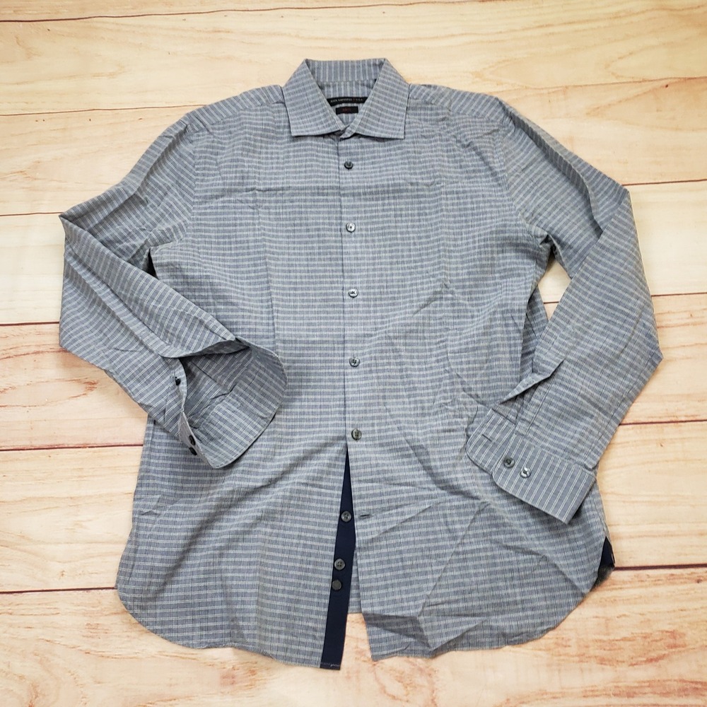 John Varvatos Shirt Mens Mens 15.5 32/33 Gray Slim Fit Plaid Button Down Cotton